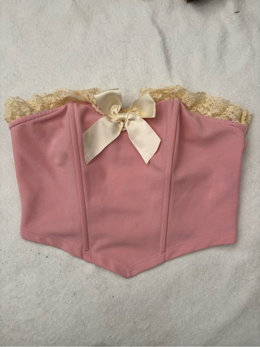 SHEIN Pink Lace-Trim Bandeau Corset with Cream Bow